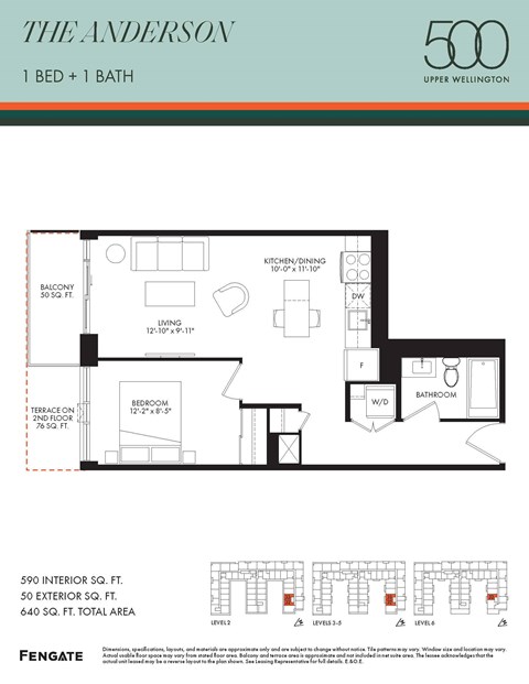Floor plan for 1 bed, 1 bath, 590 sqft